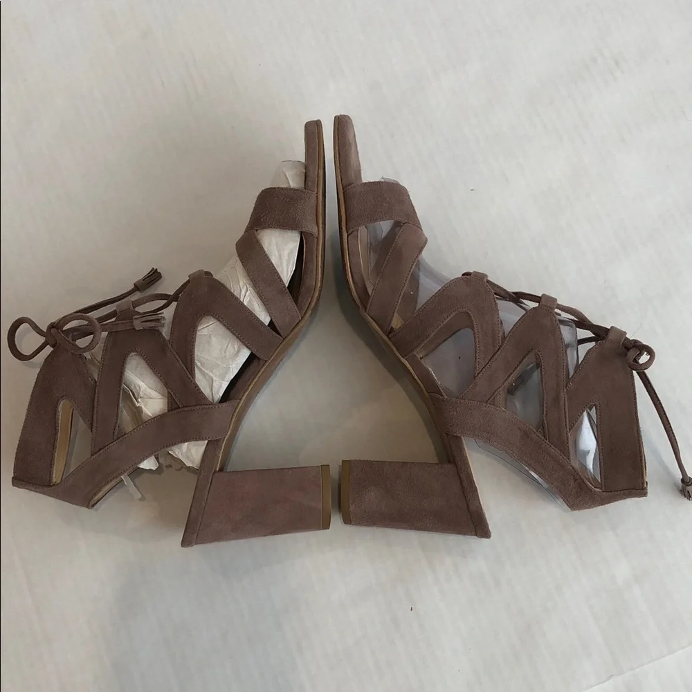 Brenda Zaro Taupe Suede Strappy Bloch Heel Sandals Size 9
